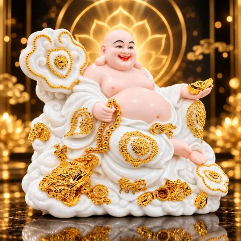 Tượng Phật Di Lặc Ngự Tòa Mây Áo Trắng Cao Cấp - Đồ Thờ Phong Thuỷ