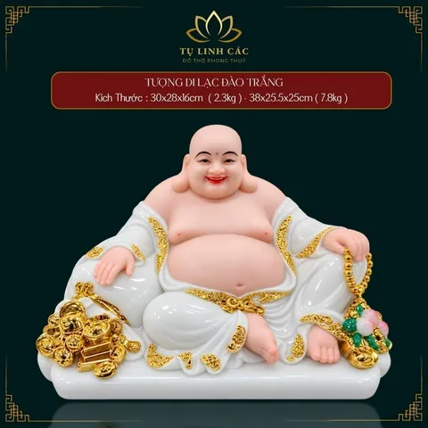 Tượng Phật Di Lặc Đào Trắng Cầm Túi Vàng Phong Thuỷ Cao Cấp - Chiêu Tài Lộc, Cầu Bình An, Vạn Sự Hanh Thông