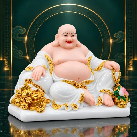 Tượng Phật Di Lặc Đào Trắng Cầm Túi Vàng Phong Thuỷ Cao Cấp - Chiêu Tài Lộc, Cầu Bình An, Vạn Sự Hanh Thông