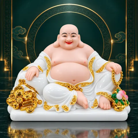Tượng Phật Di Lặc Đào Trắng Cầm Túi Vàng Phong Thuỷ Cao Cấp - Chiêu Tài Lộc, Cầu Bình An, Vạn Sự Hanh Thông