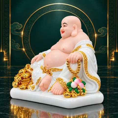 Tượng Phật Di Lặc Đào Trắng Cầm Túi Vàng Phong Thuỷ Cao Cấp - Chiêu Tài Lộc, Cầu Bình An, Vạn Sự Hanh Thông
