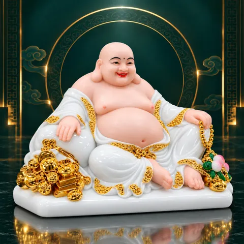 Tượng Phật Di Lặc Đào Trắng Cầm Túi Vàng Phong Thuỷ Cao Cấp - Chiêu Tài Lộc, Cầu Bình An, Vạn Sự Hanh Thông