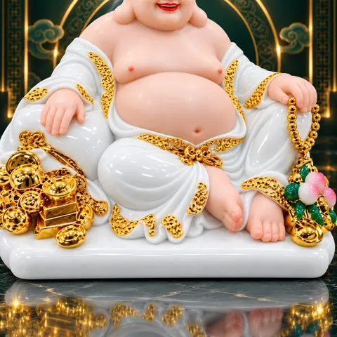 Tượng Phật Di Lặc Đào Trắng Cầm Túi Vàng Phong Thuỷ Cao Cấp - Chiêu Tài Lộc, Cầu Bình An, Vạn Sự Hanh Thông