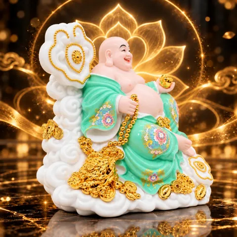 Tượng Phật Di Lặc Ngự Tòa Mây Xanh Lá Cao Cấp