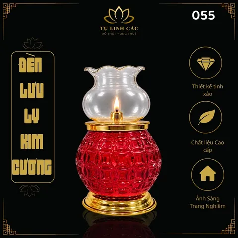 Đèn Dầu Lưu Ly Kim Cương Đỏ Cao Cấp (Mã 055) - Thiết Kế Tinh Xảo, Ánh Sáng Trang Nghiêm - Tụ Linh Các