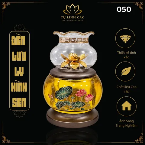 Đèn Dầu Lưu Ly Hình Sen Vàng Đế Nâu Cao Cấp (Mã 8820) - Thiết Kế Tinh Xảo, Ánh Sáng Trang Nghiêm - Tụ Linh Các