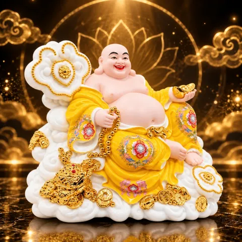 Tượng Phật Di Lặc Ngự Tòa Mây Mạ Vàng Kim Cao Cấp - Chiêu Tài Hút Lộc