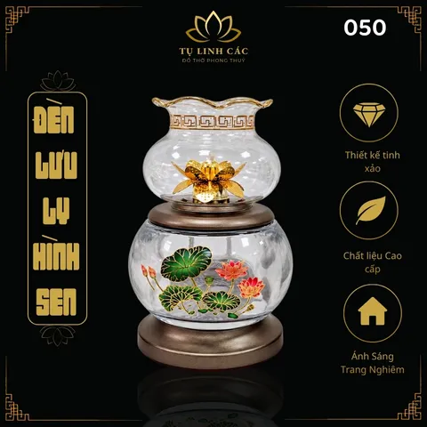 Đèn Dầu Lưu Ly Hình Sen Trắng Trong Cao Cấp (Mã 8820) - Thiết Kế Tinh Xảo, Ánh Sáng Trang Nghiêm - Tụ Linh Các