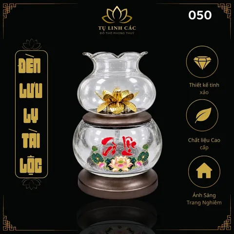 Đèn Dầu Lưu Ly Tài Lộc Trắng Trong Cao Cấp (Mã 050) - Thiết Kế Tinh Xảo, Ánh Sáng Trang Nghiêm - Tụ Linh Các