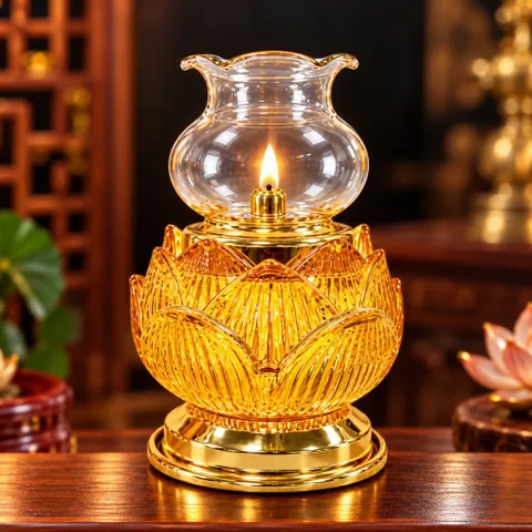 Đèn Dầu Lưu Ly Hoa Sen Vàng Hổ Phách Cao Cấp ( 035)  - Thiết Kế Tinh Xảo, Trang Nghiêm  - Tụ Linh Các