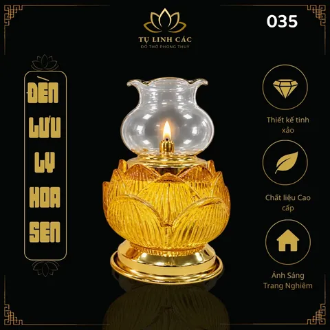 Đèn Dầu Lưu Ly Hoa Sen Vàng Hổ Phách Cao Cấp ( 035)  - Thiết Kế Tinh Xảo, Trang Nghiêm  - Tụ Linh Các