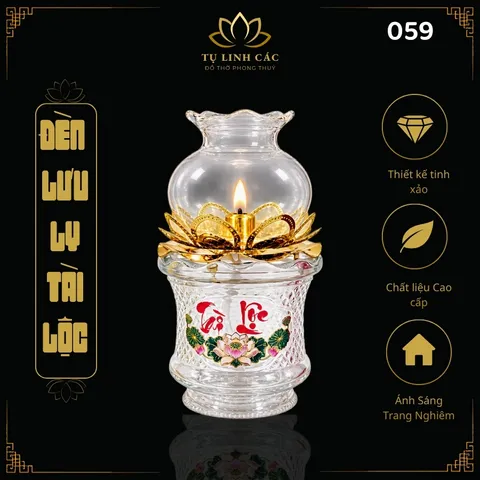 Đèn Dầu Lưu Ly Tài Lộc Trắng Trong Cao Cấp (Mã 059) - Thiết Kế Tinh Xảo, Ánh Sáng Trang Nghiêm - Tụ Linh Các