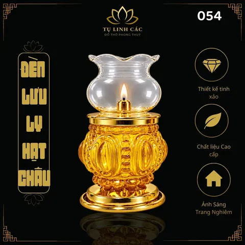 Đèn Dầu Lưu Ly Hạt Châu Vàng Cao Cấp (Mã 054) - Thiết Kế Tinh Xảo, Ánh Sáng Trang Nghiêm - Tụ Linh Các