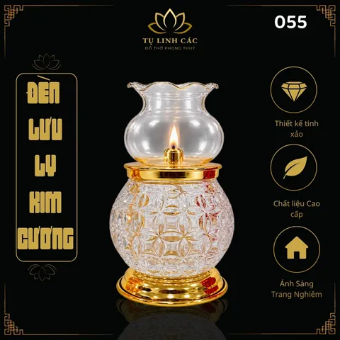 Đèn Dầu Lưu Ly Kim Cương Trắng Trong Cao Cấp (Mã 055) - Thiết Kế Tinh Xảo, Ánh Sáng Trang Nghiêm - Tụ Linh Các