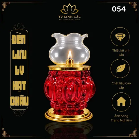 Đèn Dầu Lưu Ly Hạt Châu Đỏ Cao Cấp (Mã 054) - Thiết Kế Tinh Xảo, Ánh Sáng Trang Nghiêm - Tụ Linh Các