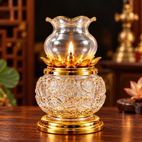 Đèn Dầu Lưu Ly Hoa Sen Trắng Trong Họa Tiết Nổi Cao Cấp ( 056 )  - Thiết Kế Tinh Xảo, Trang Nghiêm - Tụ Linh Các