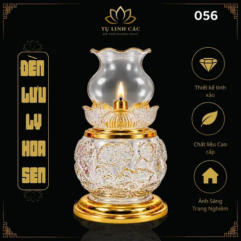 Đèn Dầu Lưu Ly Hoa Sen Trắng Trong Họa Tiết Nổi Cao Cấp ( 056 )  - Thiết Kế Tinh Xảo, Trang Nghiêm - Tụ Linh Các