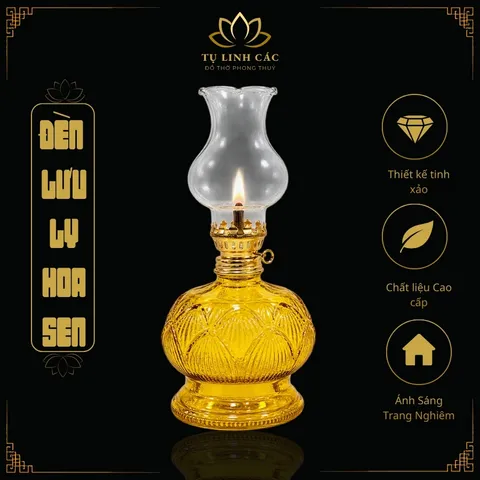 Đèn Dầu Lưu Ly Hoa Sen Vàng Cao Cấp - Thiết Kế Tinh Xảo, Ánh Sáng Trang Nghiêm - Tụ Linh Các