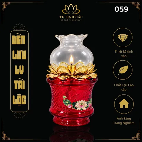 Đèn Dầu Lưu Ly Tài Lộc Đỏ Cao Cấp (Mã 059) - Thiết Kế Tinh Xảo, Ánh Sáng Trang Nghiêm - Tụ Linh Các