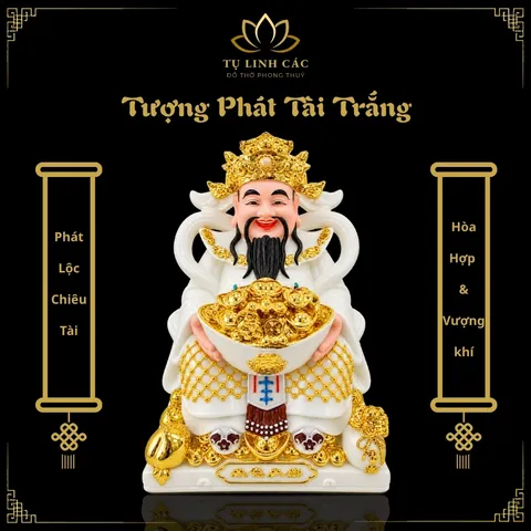 Tượng Phát Tài Trắng Vàng Cao Cấp - Phát Lộc Chiêu Tài, Hòa Hợp & Vượng Khí - Tụ Linh Các