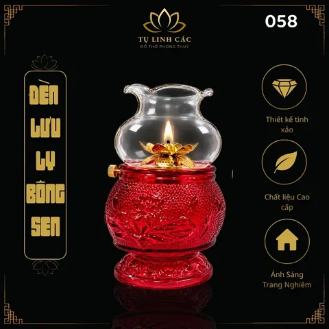 Đèn Dầu Lưu Ly Bông Sen Đỏ Cao Cấp (Mã 058) - Thiết Kế Tinh Xảo, Ánh Sáng Trang Nghiêm - Tụ Linh Các