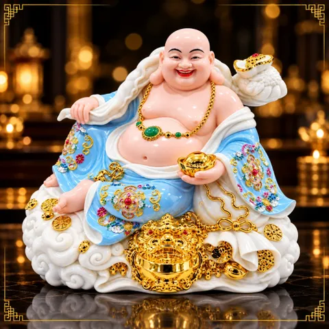 Tượng Phật Di Lặc Phú Quý Xanh Dương Phong Thuỷ - Chiêu Tài Tiến Bảo, Bình An - Tụ Linh Các