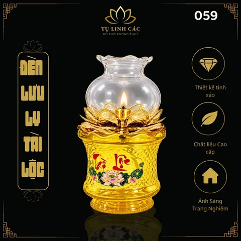 Đèn Dầu Lưu Ly Tài Lộc Vàng Cao Cấp (Mã 059) - Thiết Kế Tinh Xảo, Ánh Sáng Trang Nghiêm - Tụ Linh Các