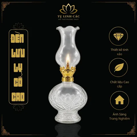 Đèn Dầu Lưu Ly Cổ Cao Trắng Trong Họa Tiết Hoa Sen Cao Cấp - Thiết Kế Tinh Xảo, Ánh Sáng Trang Nghiêm - Tụ Linh Các