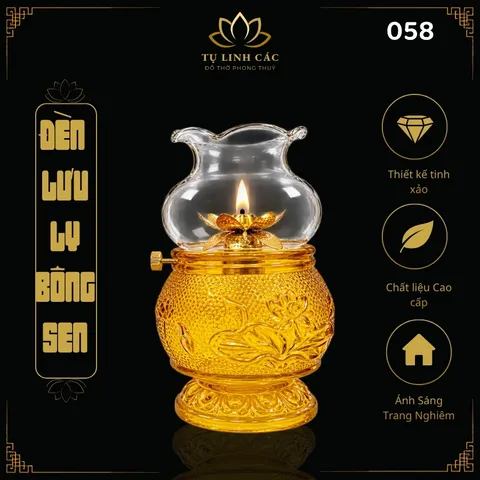 Đèn Dầu Lưu Ly Bông Sen Vàng Cao Cấp (Mã 058) - Thiết Kế Tinh Xảo, Ánh Sáng Trang Nghiêm - Tụ Linh Các