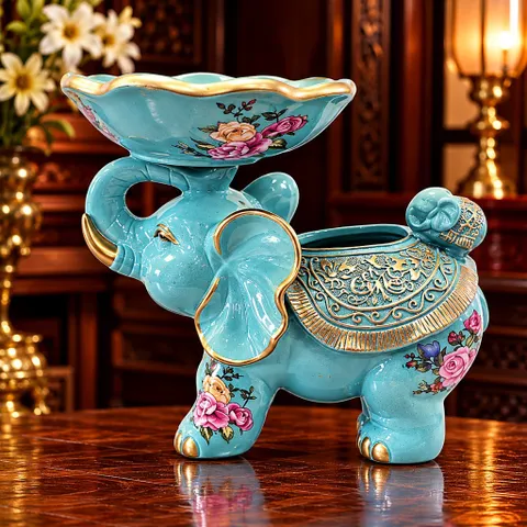 Tượng voi đỡ lễ xanh ngọc Tụ Linh Cúc vật phẩm phong thủy kích thước 29x26x14cm