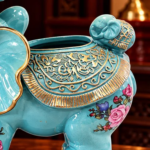 Tượng voi đỡ lễ xanh ngọc Tụ Linh Cúc vật phẩm phong thủy kích thước 29x26x14cm