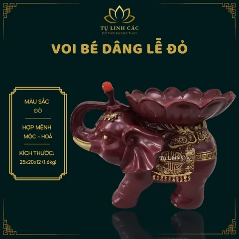 Tượng Voi Bé Dâng Lễ Đỏ Phong Thủy - Chiêu Tài, Hút Lộc Hợp Mệnh Mộc Hỏa - Tụ Linh Các