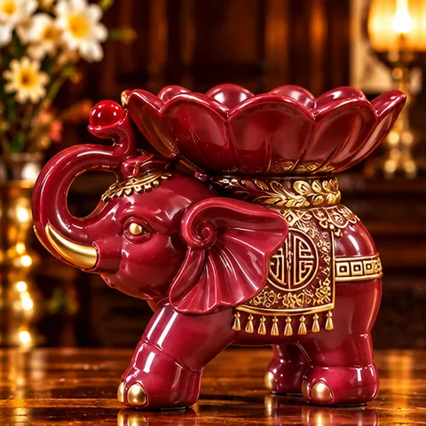Tượng Voi Bé Dâng Lễ Đỏ Phong Thủy - Chiêu Tài, Hút Lộc Hợp Mệnh Mộc Hỏa - Tụ Linh Các