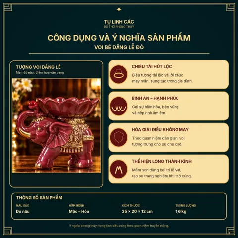 Tượng Voi Bé Dâng Lễ Đỏ Phong Thủy - Chiêu Tài, Hút Lộc Hợp Mệnh Mộc Hỏa - Tụ Linh Các