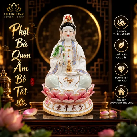 Tượng Phật Bà Quan Âm Tọa Đài Sen - Chế Tác Tinh Xảo, Cầu Bình An Gia Đạo - Tụ Linh Các