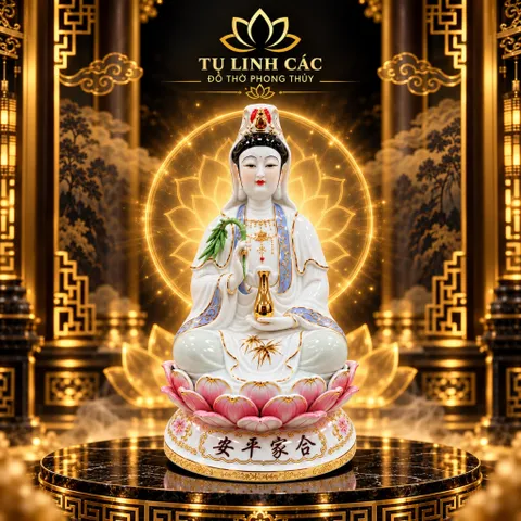 Tượng Phật Bà Quan Âm Tọa Đài Sen - Chế Tác Tinh Xảo, Cầu Bình An Gia Đạo - Tụ Linh Các