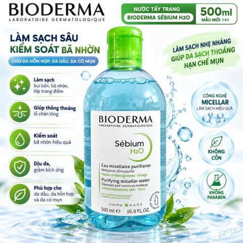 Nước tẩy trang Pháp Bioderma H2O Créaline và Sébium 500ml cho da nhạy cảm, da hỗn hợp dầu mụn