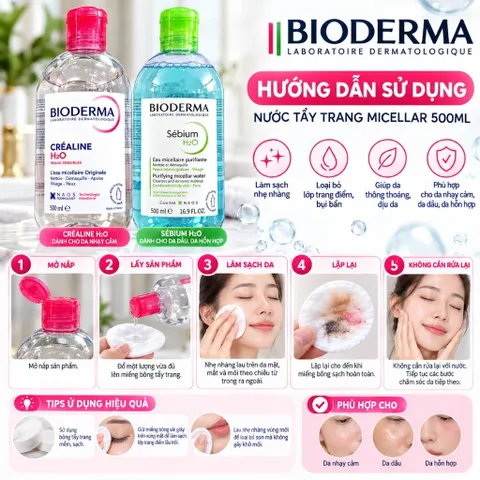 Nước tẩy trang Pháp Bioderma H2O Créaline và Sébium 500ml cho da nhạy cảm, da hỗn hợp dầu mụn