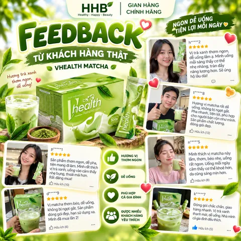 Vhealth Trà Xanh Matcha, Protein Đậu Hà Lan, Chất Xơ FOS Inulin, Hộp 20 Gói 500g