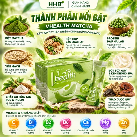 Vhealth Trà Xanh Matcha, Protein Đậu Hà Lan, Chất Xơ FOS Inulin, Hộp 20 Gói 500g
