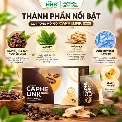 Caphelink New Cà Phê Hòa Tan, Lá Chay Hoàng Kỳ, Hộp 20 Gói x 16g