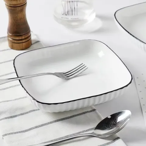 Đĩa Sứ Tròn Trắng Viền Đen Sứ Cao Cấp, Dày Dặn, Chịu Nhiệt Tốt Đường Kính 18cm, 20cm