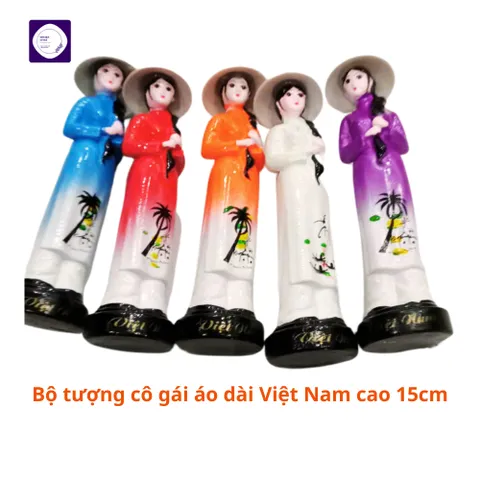 Bộ 9 tượng cô gái áo dài cao 15cm, cô gái áo dài Việt Nam đội nón lá, quà lưu niệm Việt Nam