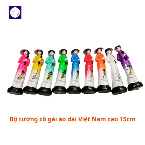 Bộ 9 tượng cô gái áo dài cao 15cm, cô gái áo dài Việt Nam đội nón lá, quà lưu niệm Việt Nam
