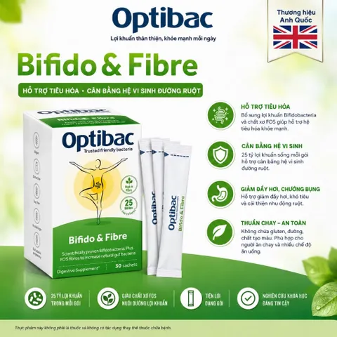 [ Nhập khẩu ]Men Vi Sinh Bifido & Fibre H/30 gói OPTIBAC Bổ sung lợi khuẩn & chất xơ FOS hỗ trợ đường ruột