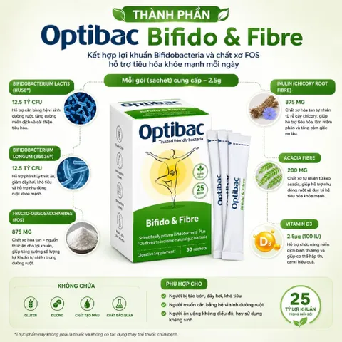 [ Nhập khẩu ]Men Vi Sinh Bifido & Fibre H/30 gói OPTIBAC Bổ sung lợi khuẩn & chất xơ FOS hỗ trợ đường ruột