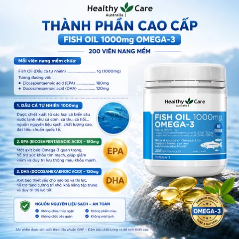 [ Nhập khẩu ] ￼Dầu Cá Bổ Sung Omega 3 Healthy Care Fish Oil 1000mg  - Hỗ Trợ Sáng Mắt, Bổ Não, Tim Mạch của Úc