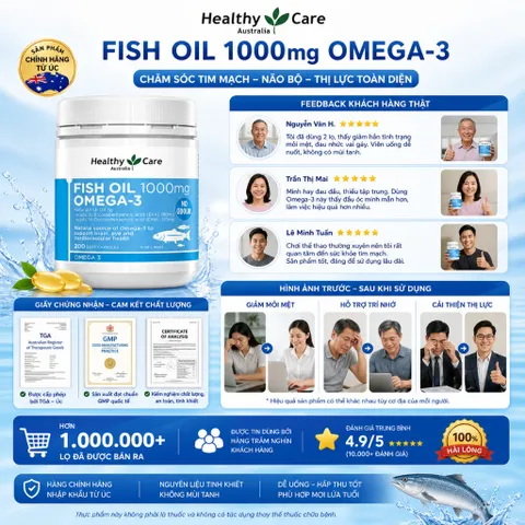 [ Nhập khẩu ] ￼Dầu Cá Bổ Sung Omega 3 Healthy Care Fish Oil 1000mg  - Hỗ Trợ Sáng Mắt, Bổ Não, Tim Mạch của Úc