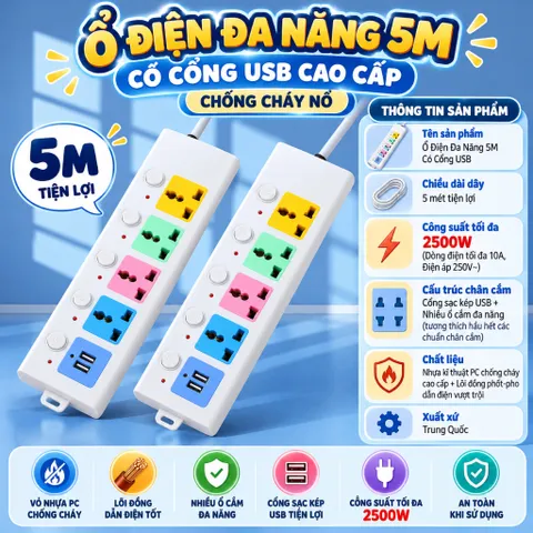 Ổ Điện Đa Năng 5M Có Cổng USB Cao Cấp Chống Cháy Nổ - NOM NOM KITCHEN