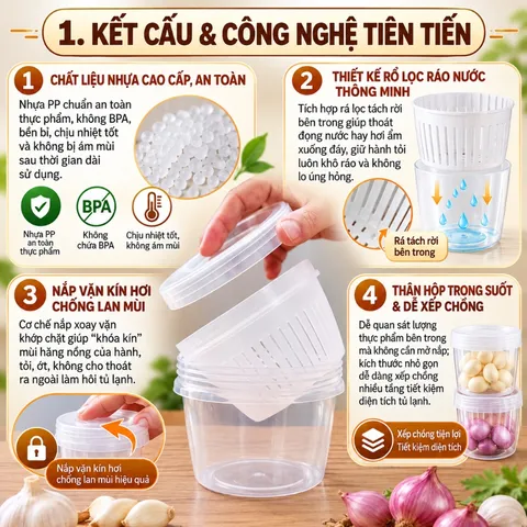 Hộp Nhựa Đựng Tỏi Hành Có Rá Lọc Ráo Nước Bảo Quản Tủ Lạnh Khóa Mùi - NOM NOM KITCHEN